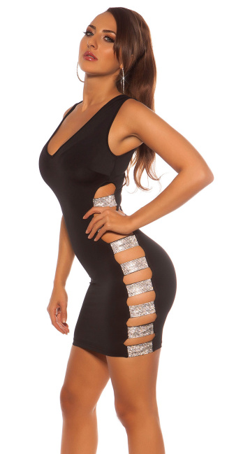 Sexy mini jurkje met uitsparingen & strass steentjes zwart